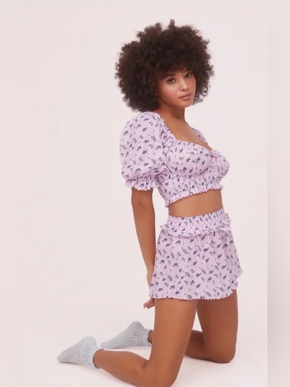 For Love & Lemons Lilac Floral Smocked Crop Top and Shorts Lounge Set - Picture 2 of 10